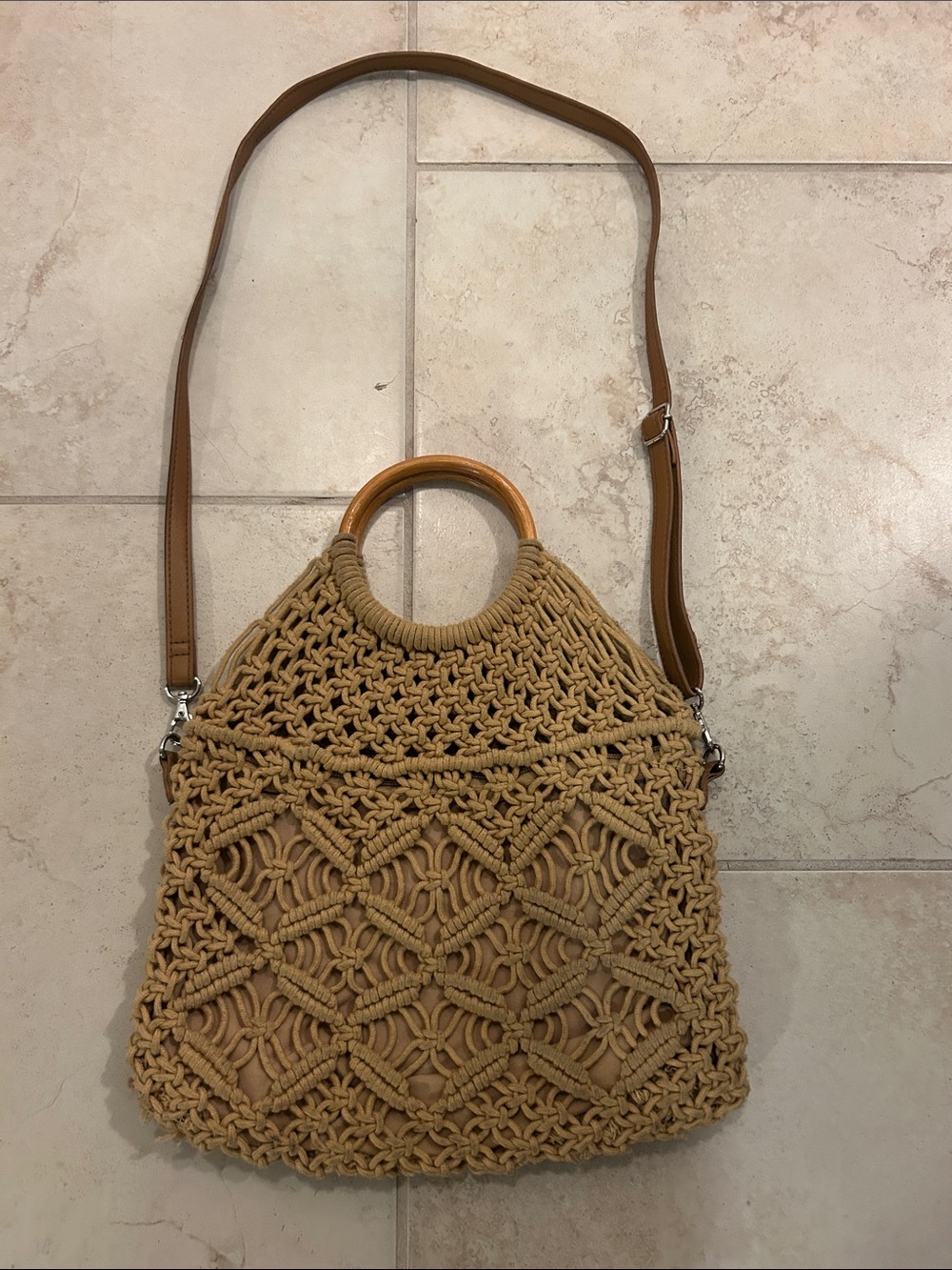 Macramé Woven Tote Bag with Wooden Handle - Tan